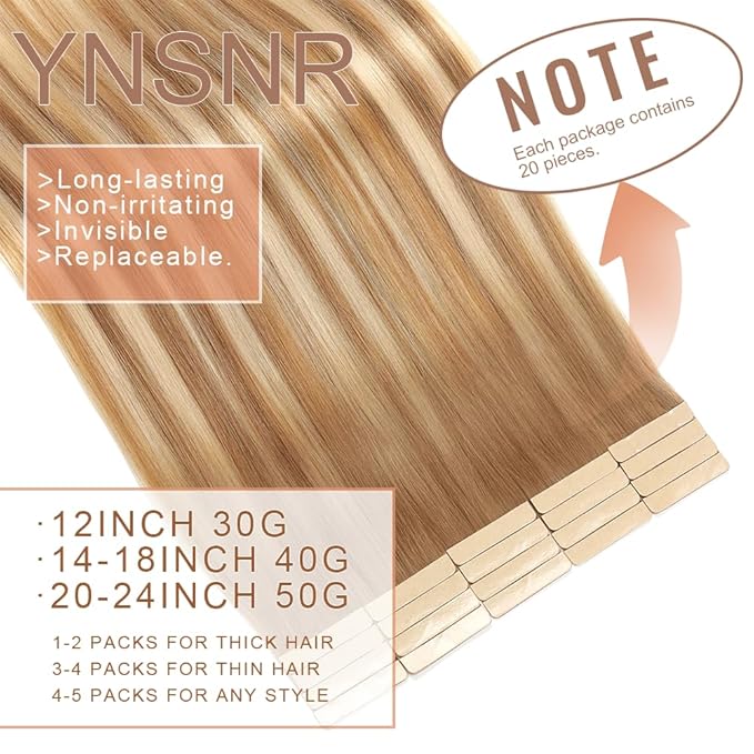 Tape in Hair Extensions Human Hair 16 Inch 20pcs Invisible Tape ins Hair Extensions Real Human Hair Middle Brown Highlight with Dark Blonde Remy Seamless Injected Tape Extensions