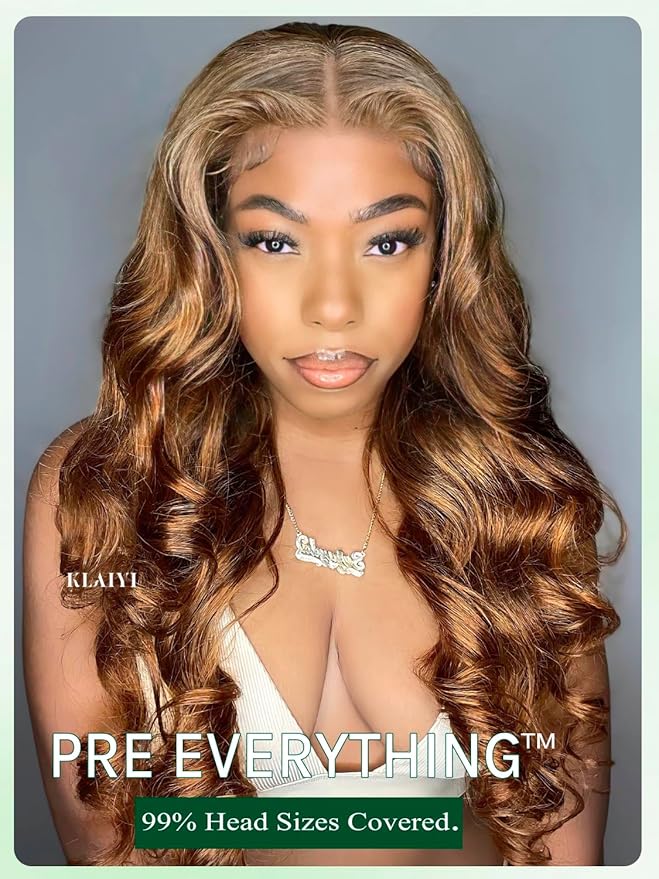 KLAIYI Wear And Go Glueless Wig Bye Bye Knots 13x4 Precut Lace Front Wigs Human Hair Ombre Highlight Blonde Body Wave Wig Pre Bleached Pre Everything Pre Plucked with Baby Hair 3S Ready to Wear 16Inch