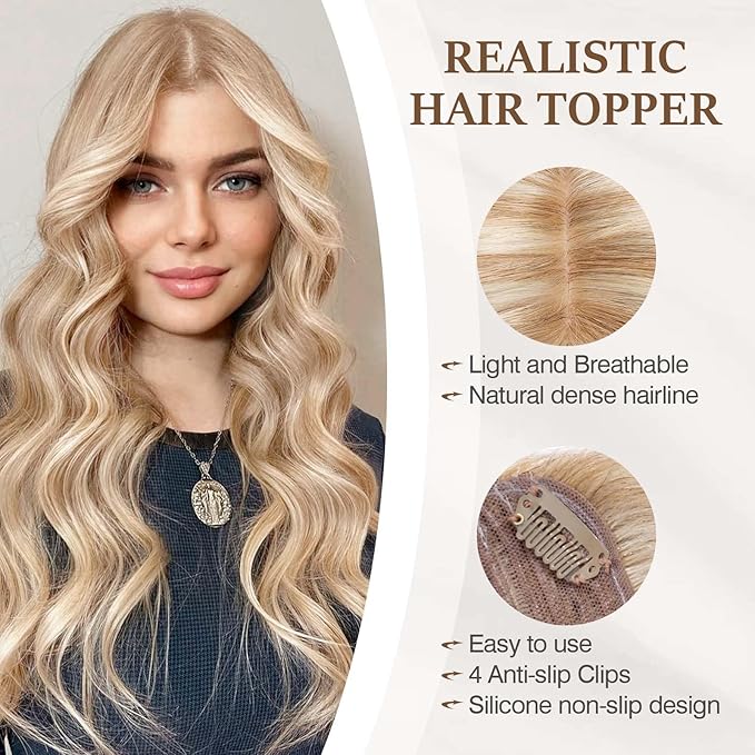 Rich Choices Hair Toppers for Women Real Human Hair 100% Human Remy Toppers NO Bangs with Thinning on Top Clip in Hairpiece 4"x4.7"Lace Base 14 Inch #12P613 Golden Brown Highlights Bleach Blonde
