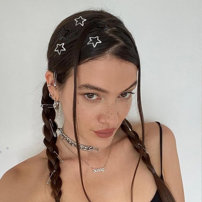 Star Hair Clips 2000s Y2K Black Silver Star Hair Accessories Snap Hair Barrettes Non Slip Metal Hair Clips for Girls Women -30 PCS 1.18"