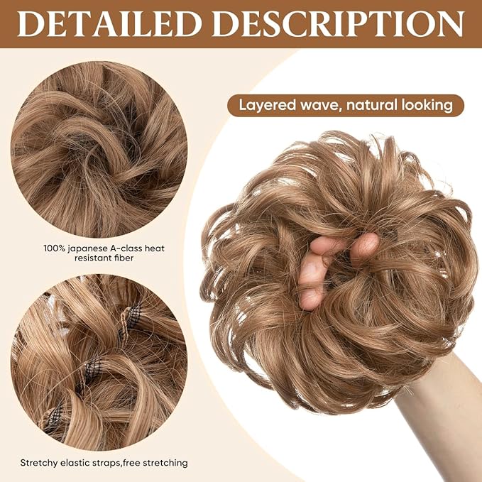 CJL HAIR Large Messy Bun Hair Piece Wavy Curly Scrunchies Synthetic Chignon Ponytail Hair Extensions Thick Updo Hairpieces for Women Dark Brown/Golden Blonde