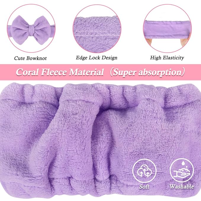 Shintop Spa Headband, Soft Makeup Headband with Cute Bow Elastic Face Wash Hairband for Skincare Facial Mask Showers（Purple）