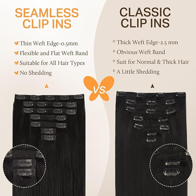 DOORES Clip in Hair Extensions Human Hair, Natural Black 150g 7pcs 20 Inch, Human Hair Extensions Invisible Edge Natural Weft
