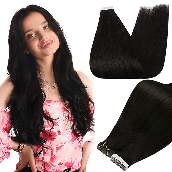 Full Shine Tape in Hair Extensions Remy Human Hair 16Inch Seamless Pu Tape in Extensions Off Black Color 1B Real Hair Extension Tapes in Thick End Invisible Extension 20Pcs 50G Natural Hair Add Volume