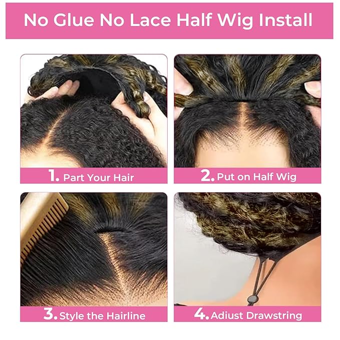 3 In 1 Half Wig Human Hair Afro Kinky Curly Wig Balayage Highlight Ombre Brown 250% Density Glueless Wigs Human Hair Comfortable Fit No Glue Needed Wear & Go Seamless Clip In Wigs 20 Inch