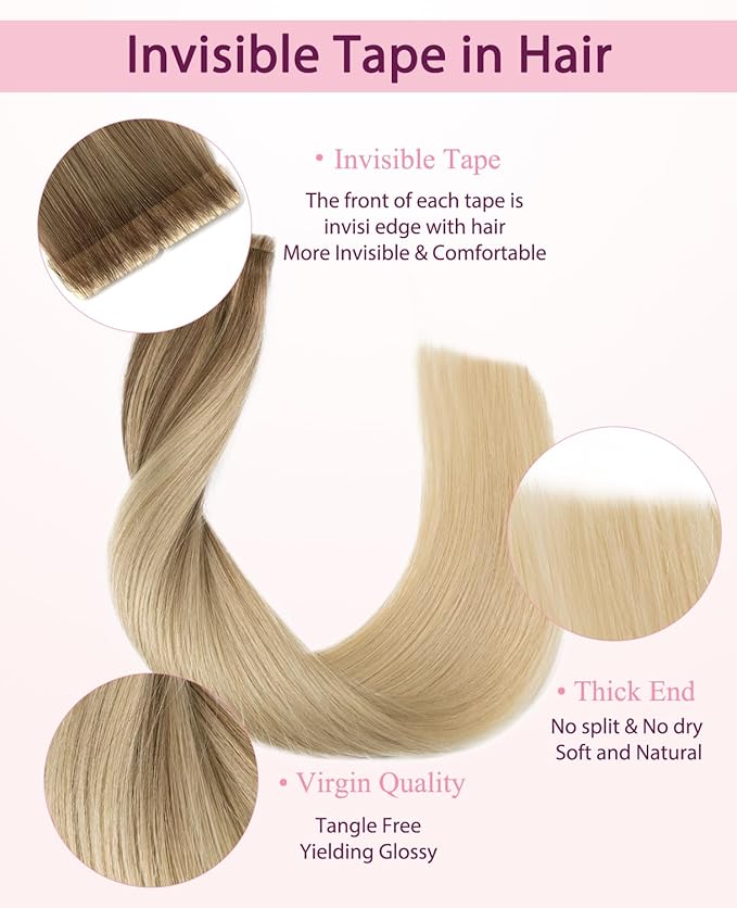 Pinkpearl Invisible Tape in Hair Extensions Human Hair, 20pcs 18inch 50g #8T60 Balayage Ash Brown to Platinum Blonde Injection Tape in Extensions Real Remy Seamless Human Hair Injected