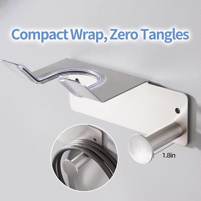 Hair Dryer Holder, Dyson Hair Dryer Holder, Blow Dryer Holder with Cord Hook SUS304 Stainless Steel Wall Mount, Self Adhesive/Screw Space Saving Hairdryer Holder for Bathroom Silver Ptalseaw