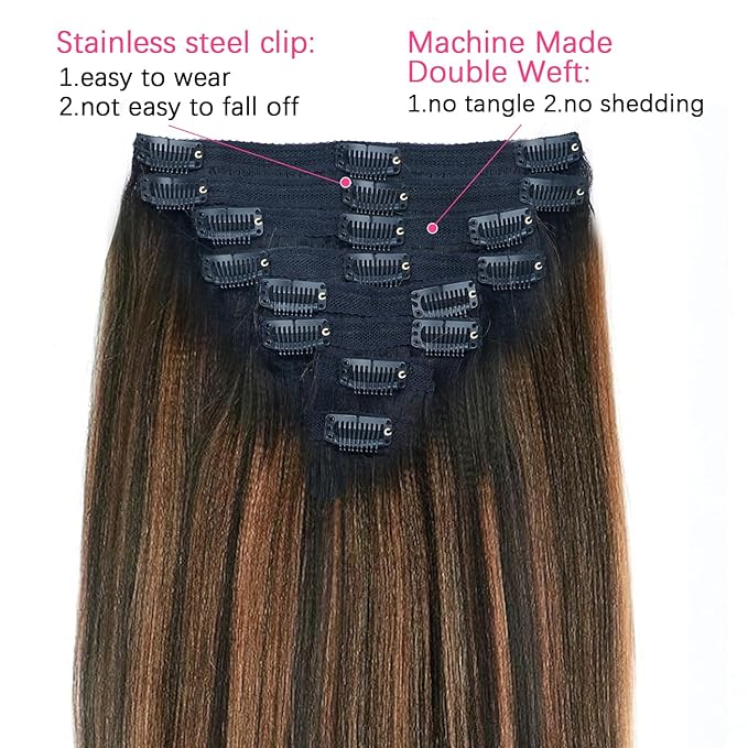 Yaki Straight Clip ins Real Human Hair Extensions For Women Highlight Hair Extensions Yaki Straight Clip in Hair Extensions(18inch,T1BP1B/30)