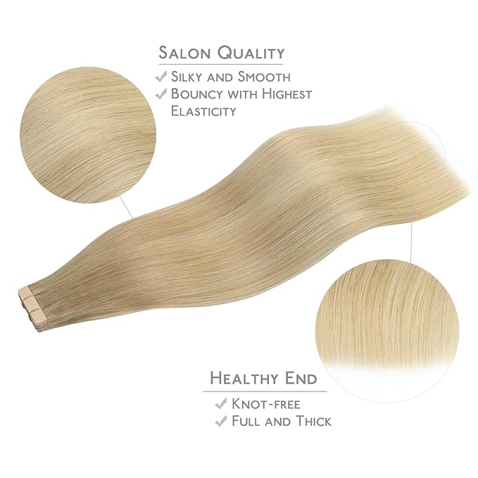 WENNALIFE Tape in Hair Extensions Human Hair, 20pcs 50g 14 inch Balayage Dirty Blonde to White Blonde Remy Hair Extensions Straight Human Hair Tape in Extensions Skin Weft Tape Extensions Human Hair