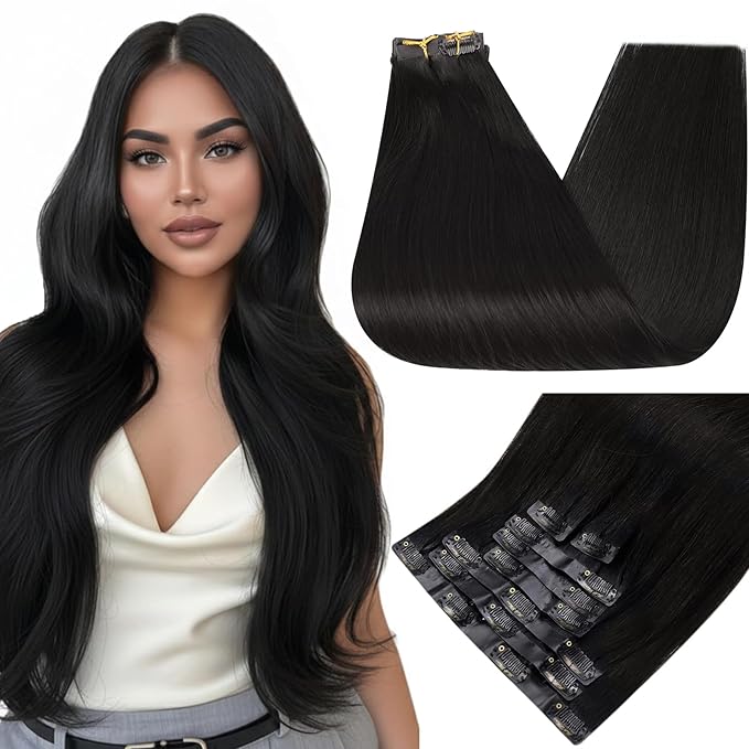 Full Shine Black Clip in Hair Extensions 18 Inch Seamless Clip ins Extensions Real Human Hair Black Human Hair Extensions for Women with PU Weft Softness 8 PCS 120 G