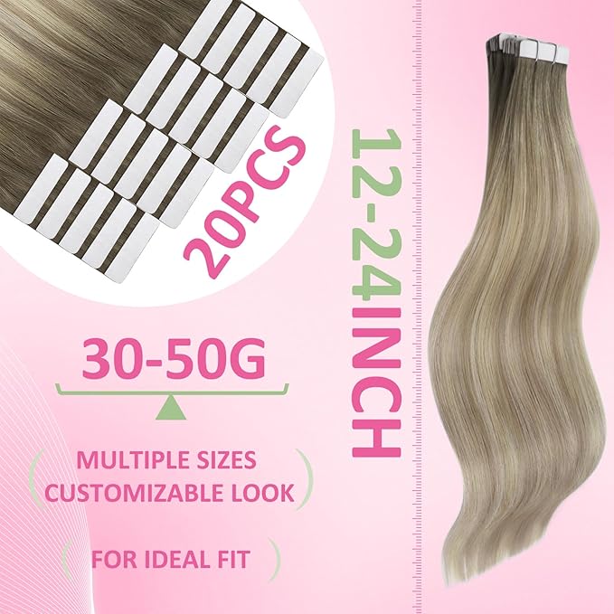 YoungSee Invisible Tape in Hair Extensions Ombre Blonde Tape in Hair Extensions Ash Blonde Ombre Platinum Blonde Tape-in Extension Real Human Hair 12 Inch 30g Balayage Tape-on Hair Extension 20pcs