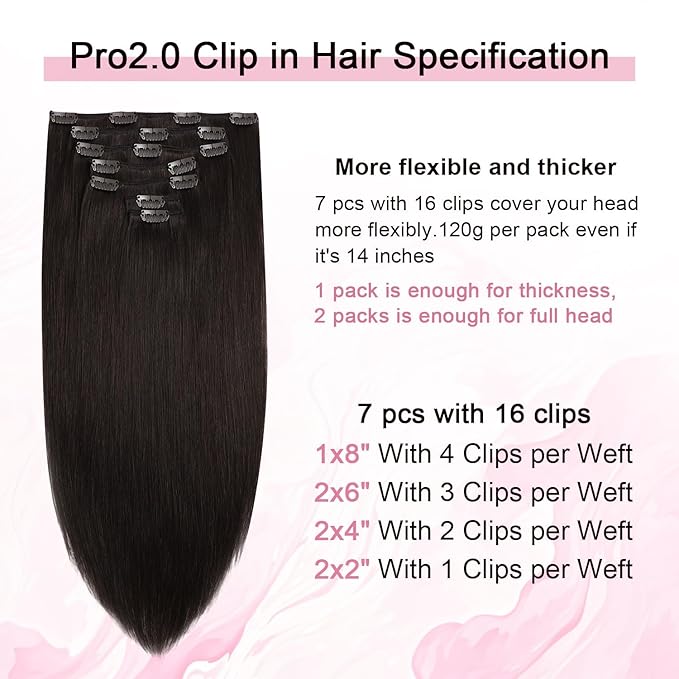 Pro2.0 Clip in Hair Extensions Real Human Hair 120g Thick 7pcs Color #2 Dark Brown Remy Real Human Hair Extensions Clip ins 14inch Seamless Double Weft for Women（#2-14inch）