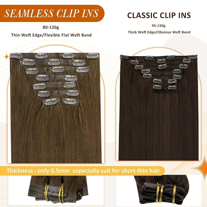 Full Shine Clip in Hair Extensions Real Human Hair Brown Seamless Hair Extensions Clip in with PU Weft Remy Human Hair Medium Brown Softness 18 Inch 8 PCS 120 G