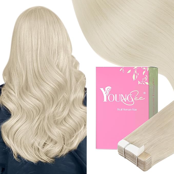 YoungSee Invisible Tape in Hair Extensions Human Hair Platinum Blonde Tape in Hair Extensions Human Hair Platinum Blonde 18Inch Tape-in Hair Extension Real Human Hair Long 20pcs 50g