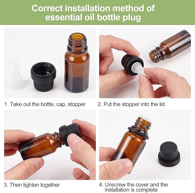 BENECREAT 24 Pack 10ml Brown Glass Essential Oil Bottles Refillable Container Kits with Plastic Droppers, Funnel Hoppers and Sticker for Aromatherapy Fragrance Cosmetic Oil