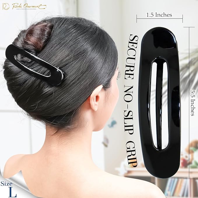 RC ROCHE 6 Pcs Flat Claw Hair Clips for Women Lay Down Barrettes No Crease Side Slide Thick Long Hair Duckbill French Against Head Jaw Claw Styling Jumbo Extra XL Clamp, Large Black