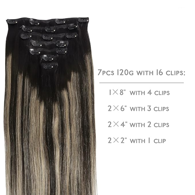 WENNALIFE Clip in Human Hair Extensions, 24 Inch 120g 7pcs Balayage Natural Black to Light Blonde Hair Extensions Real Human Hair Remy Double Weft