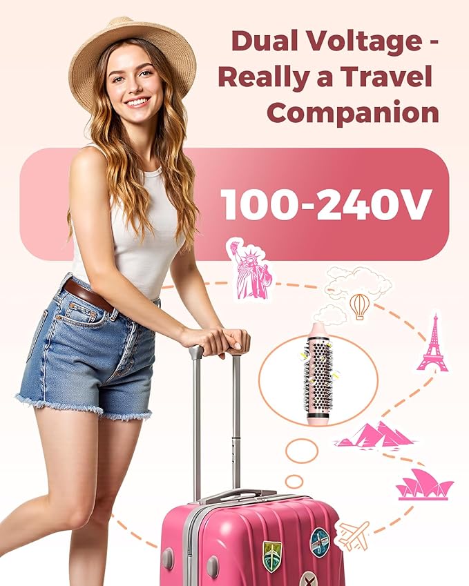 Dual Voltage Thermal Brush, 1.5 Inch Heated Round Brush for Blowout Look, Heated Curling Styler with Negative Ions & Ceramic for Volumizing, 6 Temps & Auto Shut-Off, No Damage, Pink