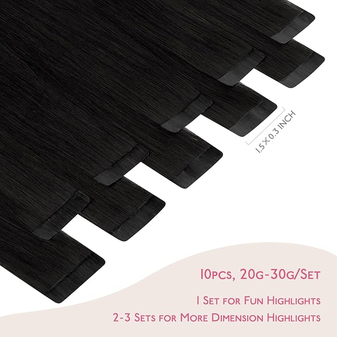 WENNALIFE Tape in Hair Extensions Human Hair Jet Black Tape in Extensions, 10pcs 30g 26 inch Remy Invisible Tape Ins Straight Colored Soft Real Human Hair Tape in Extensions Refill Set Extensions