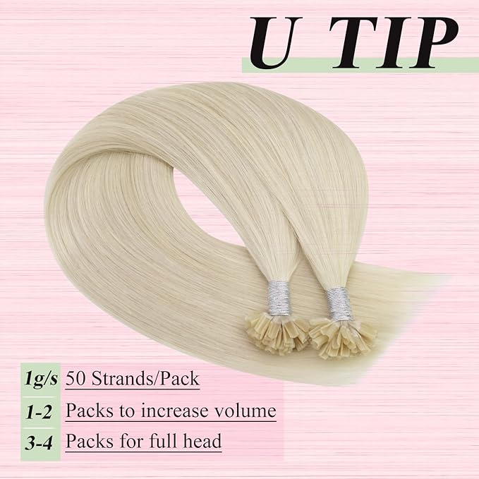 YoungSee U Tip Hair Extensions Human Hair Blonde Utips Hair Extensions Platinum Blonde Keratin Hair Extension for Short Hair K Tip Hair Extension Real Human Hair Straight for Thin Hair 14In 1G/S 50G