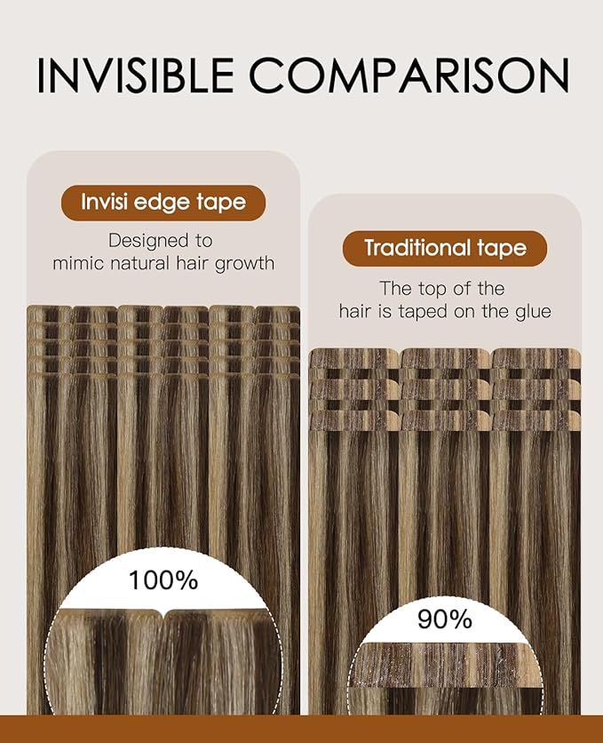 VINBAO Invisible Tape in Extensions Human Hair 50g 18in 20pcs Chocolate Brown Highlights Dark Blonde Seamless Injected Tape Ins Extensiones De Cabello 18inch #4P27