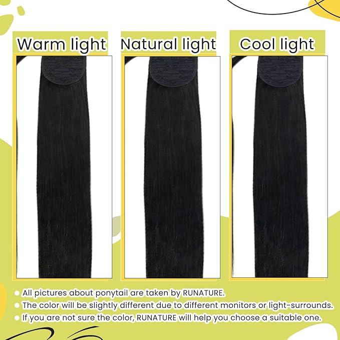 RUNATURE Ponytail Extension Human Hair, 14 Inch 70g Real Human Hair Ponytail, Striaght Natural Hairpiece with Wrap Around Magic Paste, Daily Wear, Easy to Install, #1B Off Black #1B Off Black