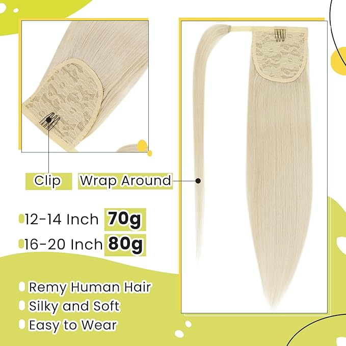 RUNATURE Blonde Ponytail Extension Human Hair, Wrap Around Real Hair Ponytail Extension, Straight Remy Human Hair Ponytail for Women 16 Inch 80g #800 Platinum Blonde