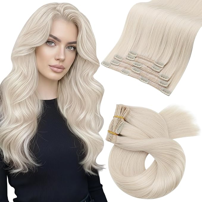 Moresoo Clip in Hair Extensions Human Hair Double Weft Lightest Blonde Real Straight Hair Clip in Extensions Full Head #60A 5Pcs 80G 16inch