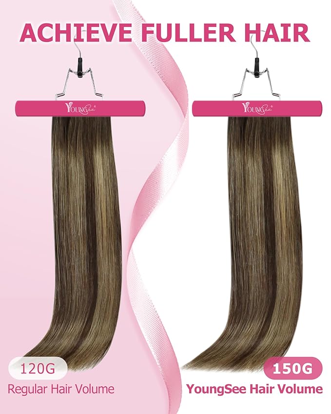 YoungSee 135g Clip in Extensions Real Human Hair Balayage Chocolate Brown Mix Caramel Blonde Invisible Clip in Brown Hair Extensions for Women Clip on Remy Hair Extension Straight 18Inch 7Pcs