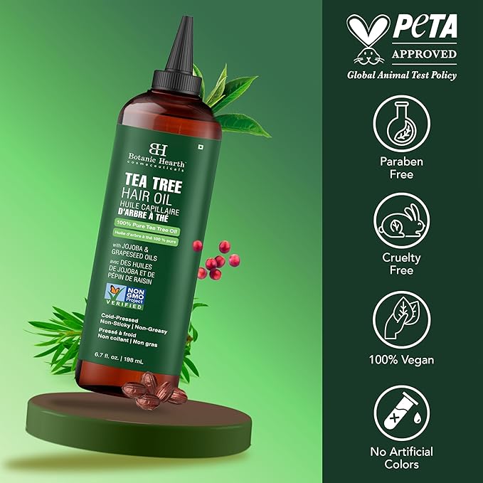 Botanic Hearth 100% Pure Tea Tree Oil For Hair Growth | Infused with Jojoba & Grapeseed Oils | Hair Oil Repairs Dry Damaged Hair, Strengthening, Healthier - Hair Tonic, 6.7 fl oz