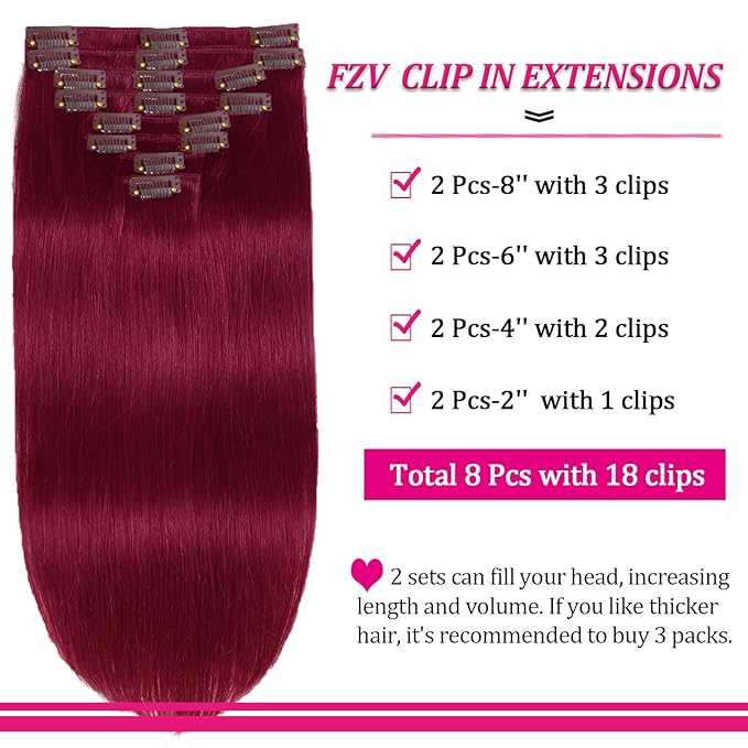 Burgundy Clip in Hair Extensions Real Human Hair Clip Ins 8pcs Per Set 110g Brazilian Clip in Hair Extensions Black Women #99j Full Head Silky Straight Human Hair Extensions (18inch)