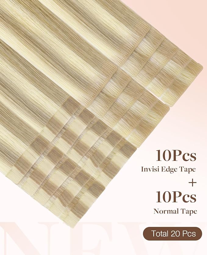 GOO GOO Invisi Edge Tape in Hair Extensions Human Hair, 18A/613A Dark Blonde Highlighted Bleach Blonde 10pcs injected with 10pcs classical tape ins, 18inch 50g, Virgin Remy Hair, Natural Look