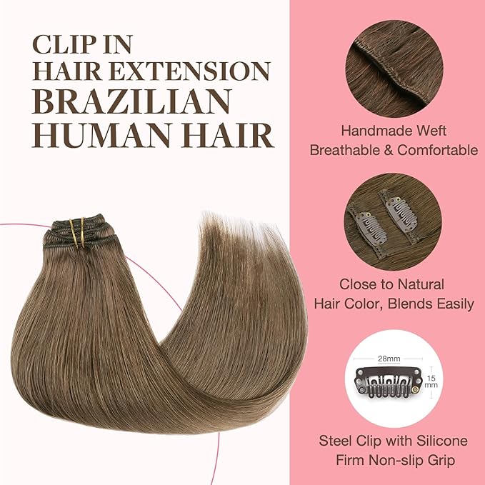 GOO GOO Clip in Hair Extensions Real Human Hair, Remy Human Hair Extensions Clip ins for Women, Natural Human Hair, 16inch 120g 7Pcs, 5 Light Ash Brown