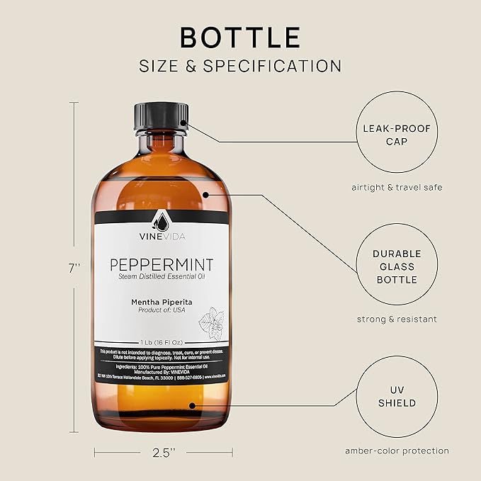 VINEVIDA Peppermint Essential Oil - 16 oz - Undiluted - DIY Candle Scents - Bulk for Soap Making & Skin Safe