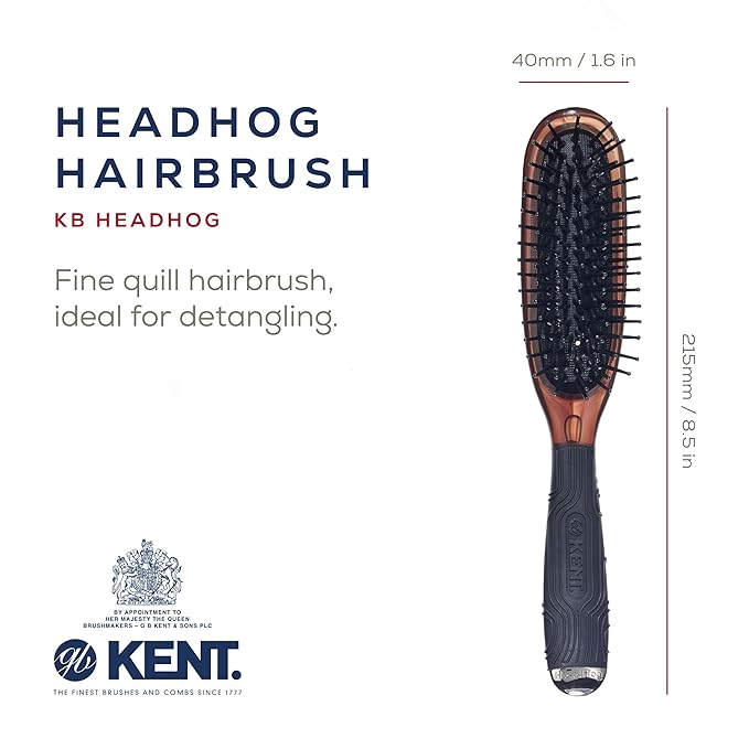 Kent Headhog Detangler Brush, Anti Static HairBrush with Rounded Nylon Bristles for All Hair Types, Travel Brush with Ergonomic Rubber Grip for Easy Styling