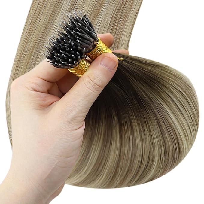 YoungSee Nano Bead Hair Extensions Human Hair Dark Brown Ombre Nano Extensions Human Hair Light Brown Balayage Blonde Nano-ring Hair Extension Real Hair Ombre Nano-Tip Extension 20 inch 50s 50g