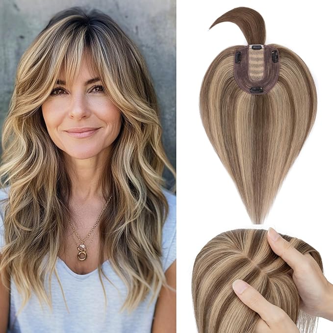 Rich Choices Real Human Hair Toppers for Women With Bang 100% Remy Human Hair Topper for Thinning Hair Clip in Silk Base Hair Topper 6 Inch #4P27 Medium Brown Mix Dark Blonde