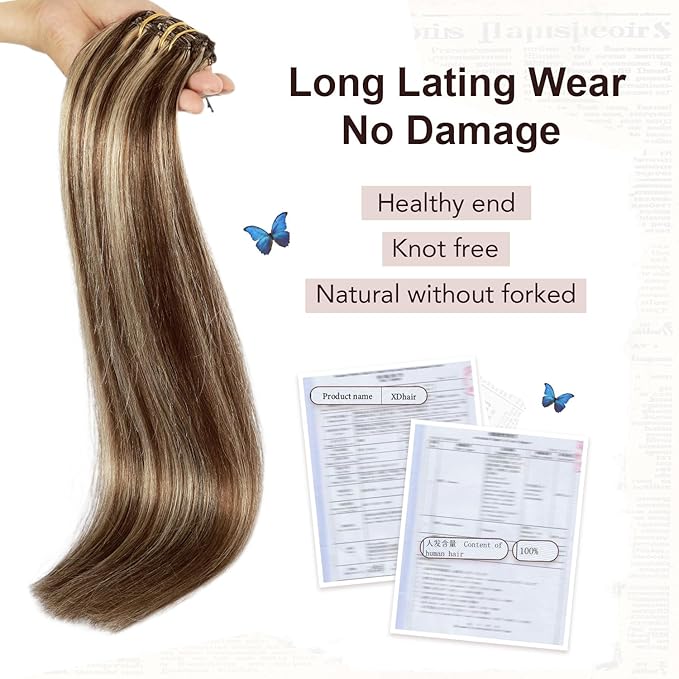 XDhair Clip In Hair Extensions Remy Human Hair 120g 20 Inch Medium Brown #4 Mixed to Caramel Blonde #27 Clip In Real Hair Silk Stright 6Pcs (#4P27,20Inch)