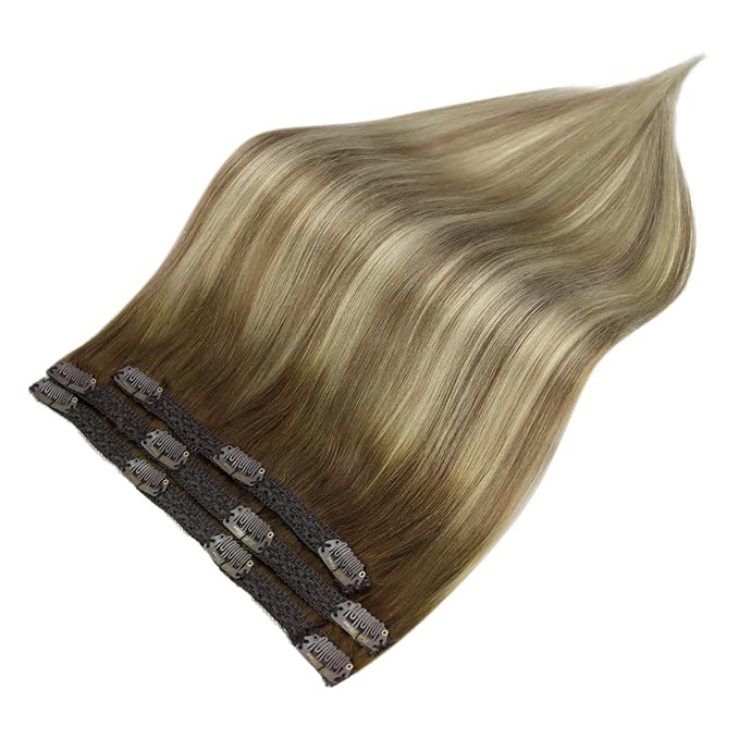 Full Shine Clip on Hair Extensions Human Hair 16 Inch Lace Clip in Extensions Real Human Hair Brown Ombre Ash Brown Mix Light Blonde Straight Remy Hair Extensions 3 Pcs 60 G