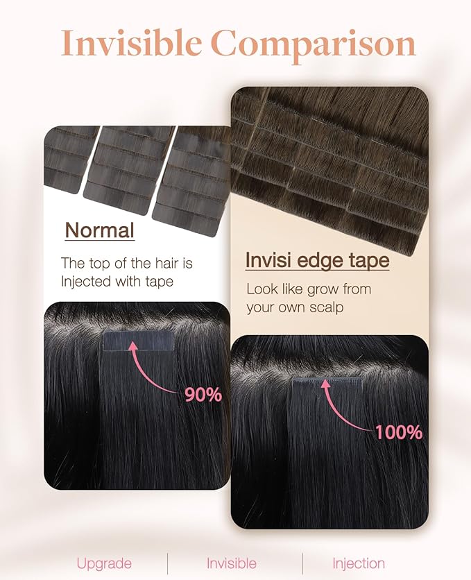 GOO GOO Invisi Edge Tape in Hair Extensions Human Hair, 4/27/4 Balayage Chocolate Brown to Caramel Blonde 20pcs injected with 20pcs classical tape ins, 22inch 100g, Virgin Remy Hair, Natural Look