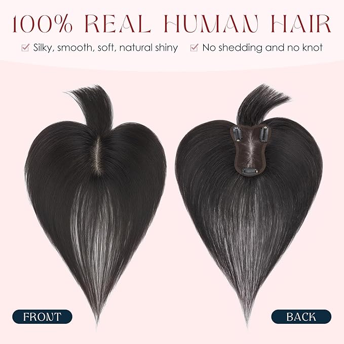 Human Hair Topper with Bangs for Women, 360° Cover Clip in Fringe Bangs Hair Toppers Hair Piece Natural Black-3.15x4.33 Hand-tied Base (Natural Black)