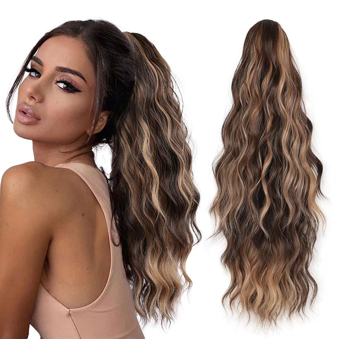 Claw Clip Ponytail Extension 18 Inch Curly Wavy Ponytail Extension Jaw Clip on Pony Tails Hairpiece for Women Fluffy Natural Synthetic for Daily Use (Dark Brown Mixed Honey Brown)