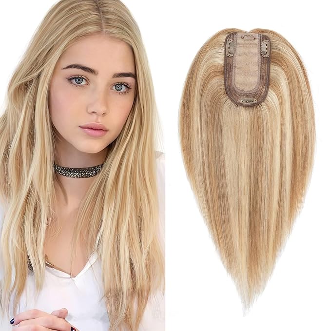 SEGO Real Human Hair Topper for Women without Bangs, Hair Topper with Anti-Slip Clips (14 Inches Golden Brown Mix Bleach Blonde)