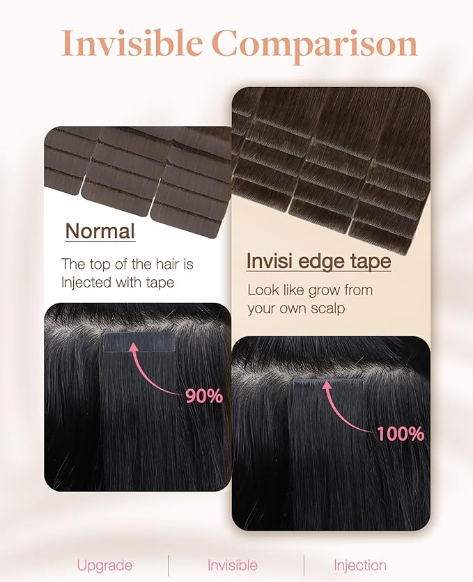 GOO GOO Invisi Edge Tape in Hair Extensions Human Hair, 4A Chocolate Brown, 6pcs 12inch 15g, Virgin Remy Hair, Seamless Injected Tape, Natural Look