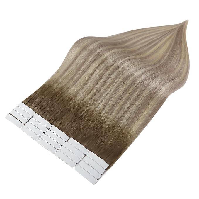 Full Shine Tape in Hair Extensions Invisible Tape in Hair Extensions Human Hair Ombre 18 Inch Color 8 Ash Brown Fading to 60 Platinum And 18 Ash Blonde 20Pcs 50G Remy Straight Seamless Skin Weft