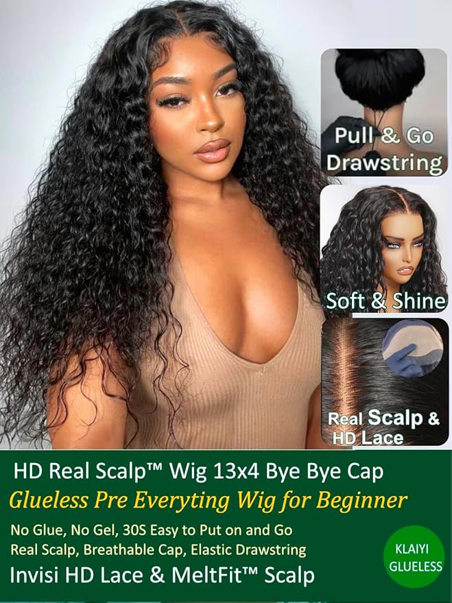 KLAIYI Water Wave HD Real Scalp Glueless Precut 13x4 Lace Front Human Hair Wig Drawstring Bye Bye Knots Pre Plucked Bleached Pre Everything 30S Ready to Wear and Go Deep Curly Wave Beginner Wig 16Inch