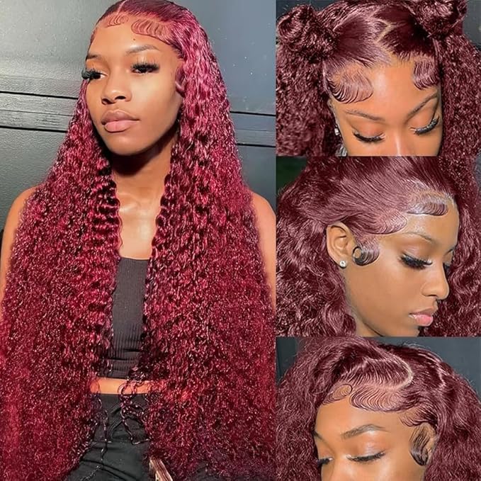 26 Inch 99J Burgundy Deep Wave Lace Front Wigs Human Hair 200% 13x6 Lace Front Wigs Human Hair Glueless HD Lace Frontal Wigs for Women