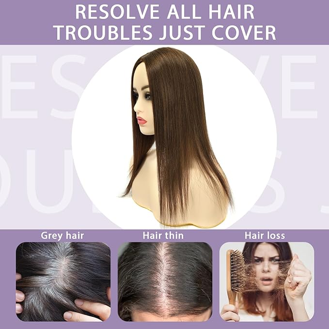 3x5 Inch Injected Silk Base Hair Toppers for Women, 18 Inch Length 130% Density Real Human Hair Pieces #2A Brown