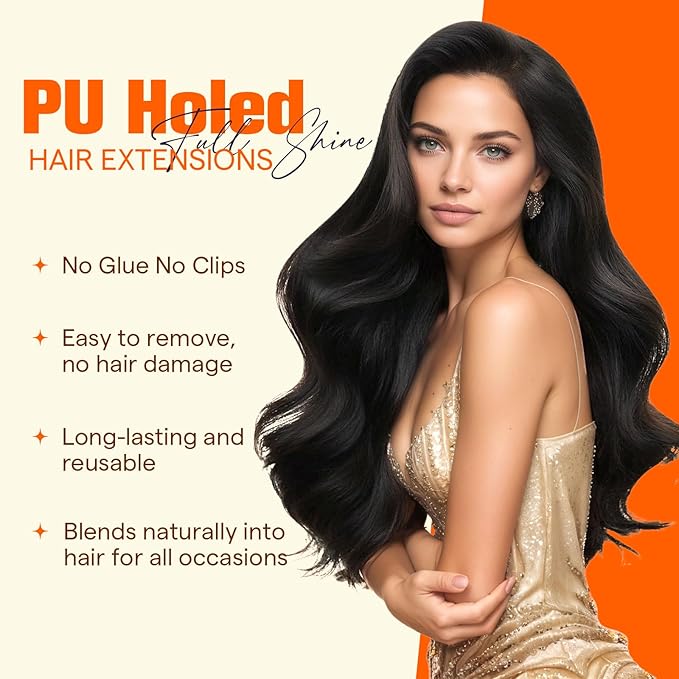 Full Shine Brown Tape in Hair Extensions Human Hair Color Dark Brown Seamless Glueless Remy Human Hair Extensions with Holes Skin Weft 20Inch 20PCS 50G Soft Remy Hair Extensions Tape ins