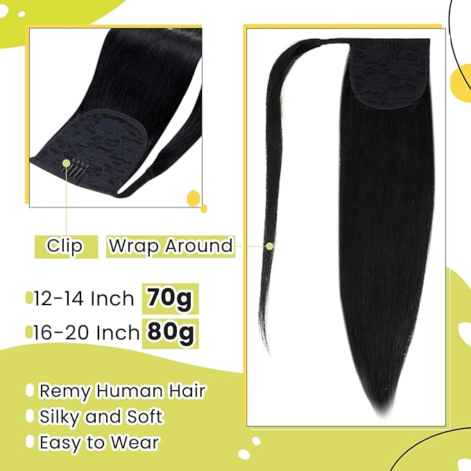 RUNATURE Human Hair Ponytail for Black Women, Real Hair Ponytail Extension, Long Ponytail Hair Extensions with Magic Paste, Wrap Around, Easy to Install, 20 Inch 80g #1 Jet Black